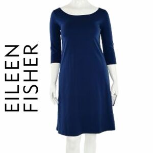 Eileen Fisher Jersey Flare Dress Viscose Blend Pockets Sz S Navy Blue Minimalist